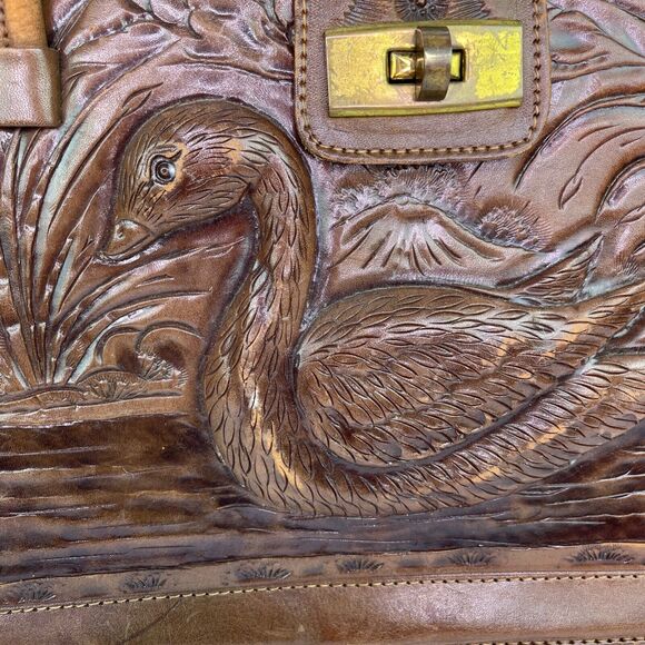 Vintage Brown Leather Hand Tooled Mexican Bag Purse with Duck Pond Scene - Picture 8 of 16